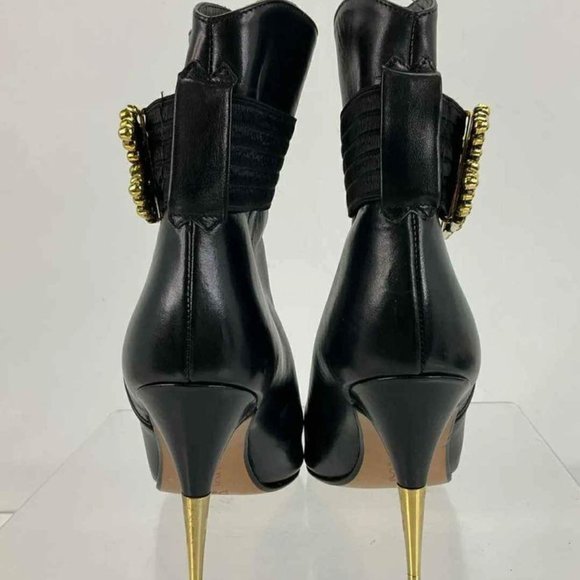 Perla Italy Designer Black Leather & Goldtone Clasp Pointed-Toe Ankle Boots 7.5 - Picture 2 of 5